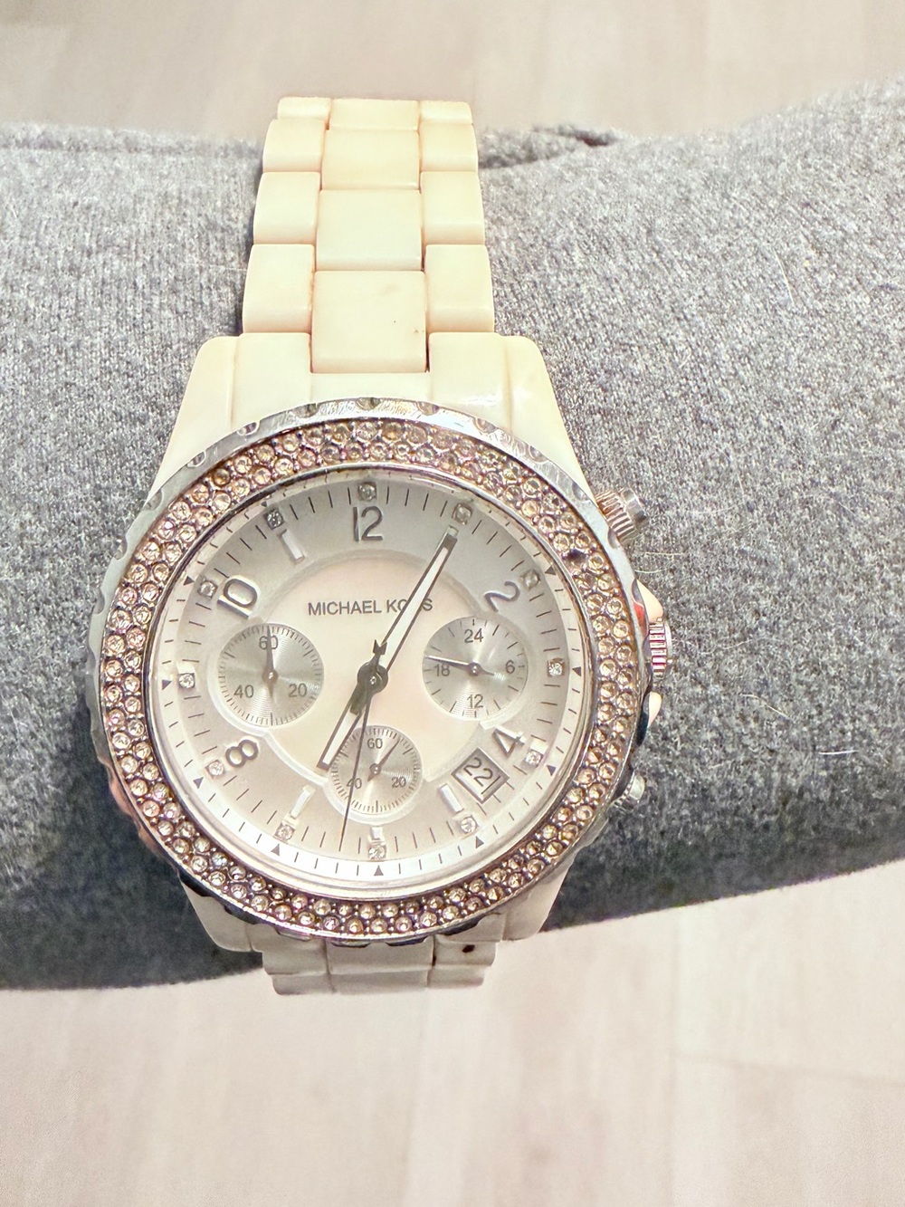 Michael Kors Cream Bracelet Watch with Crystal Bezel and Silver Dial